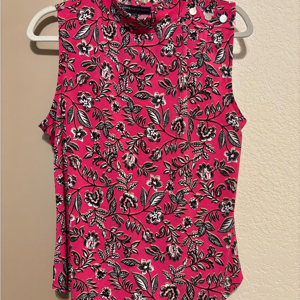 Adrienne Vittadini Pink and Black Mandarin Collar Blouse